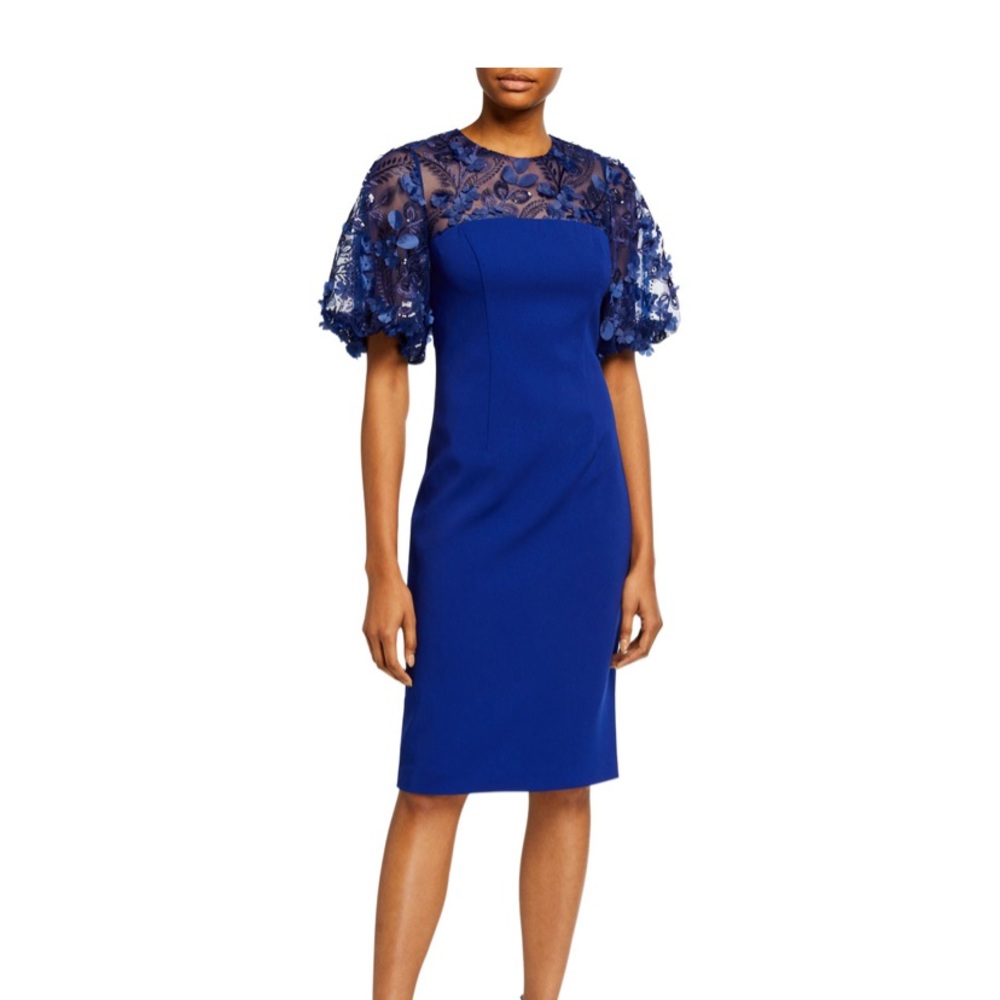 3D Embellished Puff-Sleeve Crepe Sheath Dress